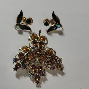 Gold-Tone Amber Crystal Floral Brooch and Earring Set